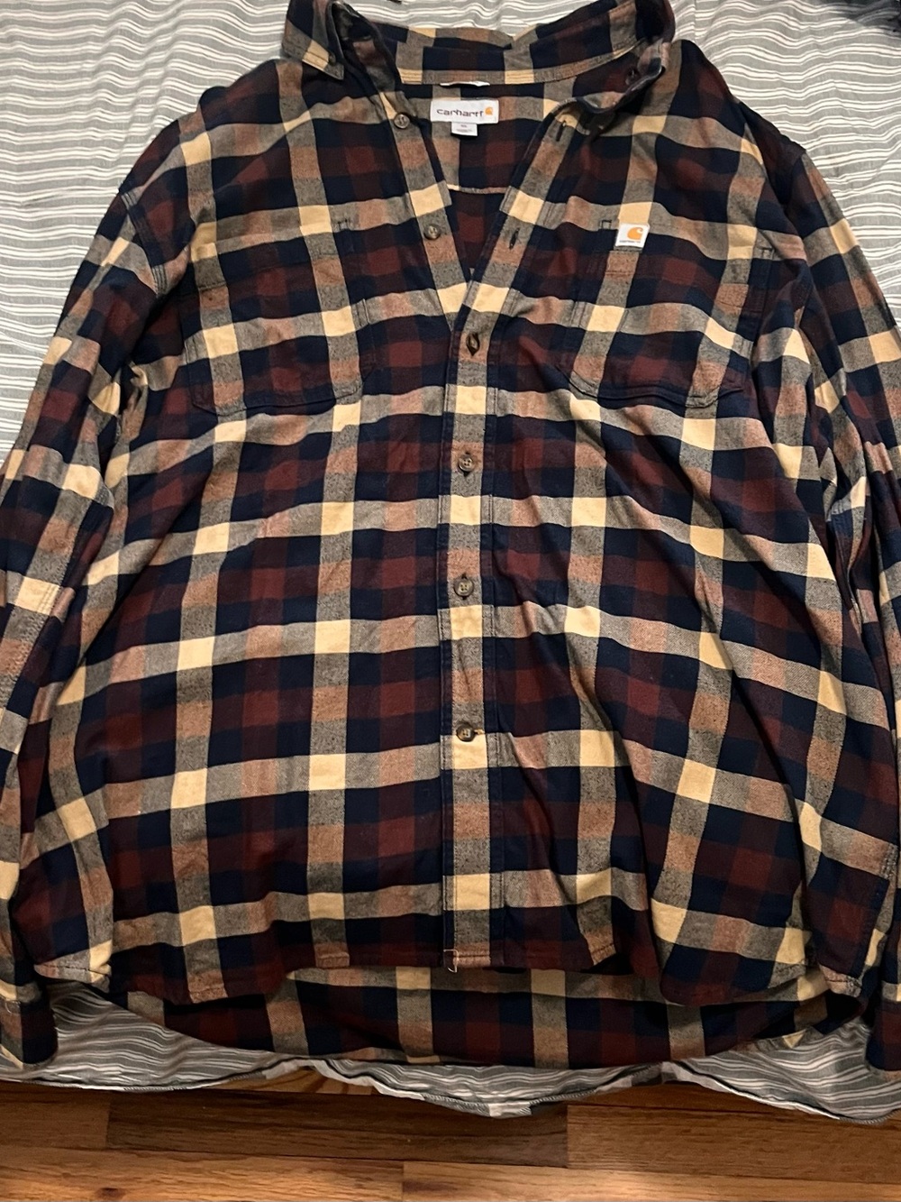 Carhartt Men's Navy, Brown and Cream Plaid Button-Down Shirt